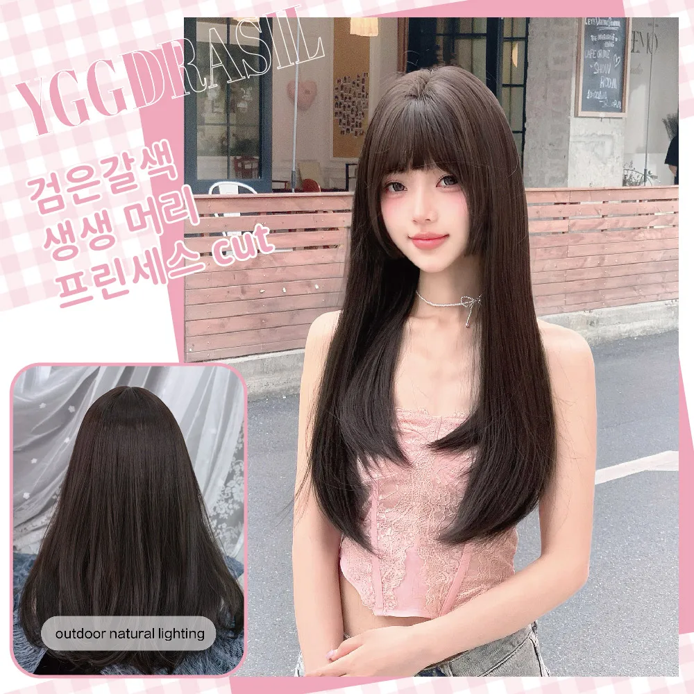 

24Inch Black Brown Kawaii Style Synthetic Wigs With Bangs Medium Natural Straight Hair Wig For Women Daily Use Heat Resistant