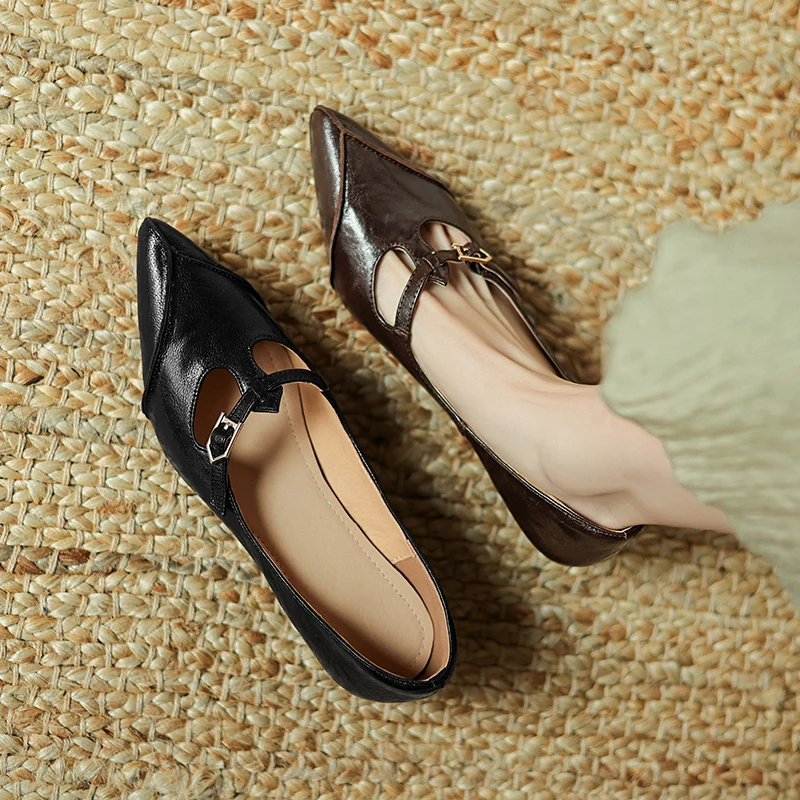 2026 new spring summer women pumps natural leather plus size 22-25.5cm sheepskin+pigskin pointed toe low heel buckle women shoes