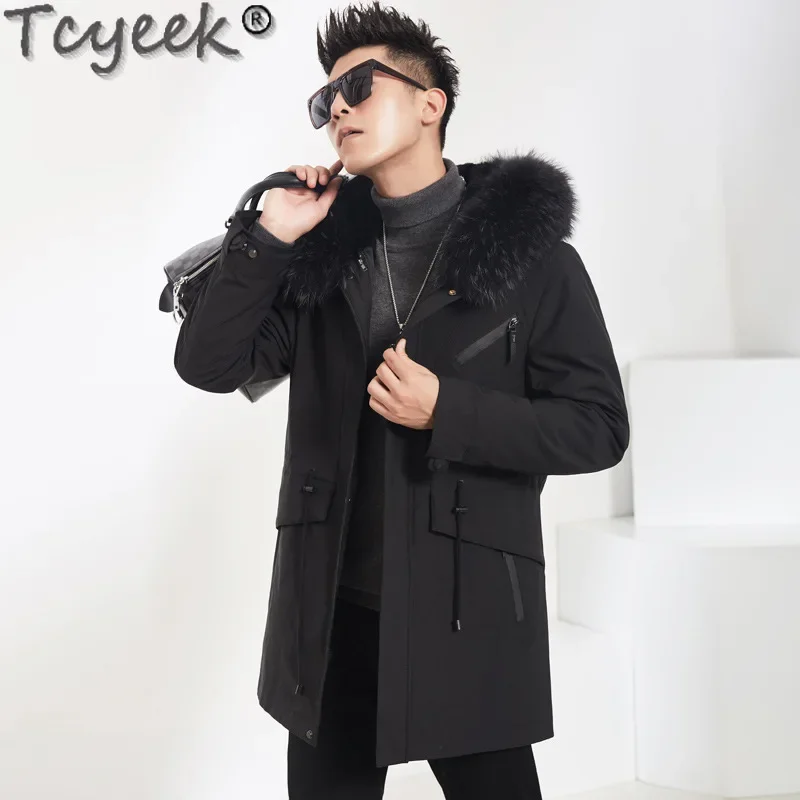 Tcyeek Real Rabbit Fur Coat Men Winter Jacket Mid-length Parka Men's Real Fur Coats Fox Fur Collar Куртка Мужская 2024 Hooded