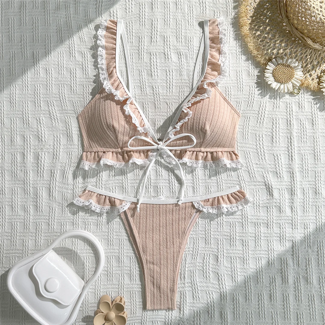 Neuer Bikini mit Rüschen und V-Ausschnitt, Spitze, Damen-Badebekleidung, zweiteiliger Bikini-Set, hoher Beinausschnitt, Badeanzug, Badebekleidung, V7844 – Detail 12