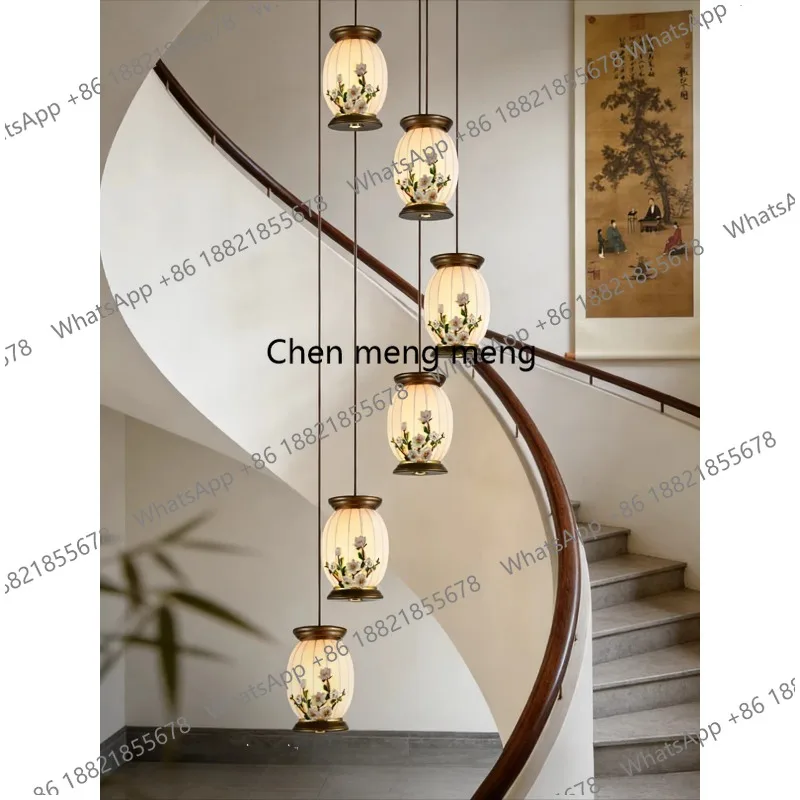 

New Chinese staircase chandelier retro Chinese style Song style aesthetic restaurant rotating staircase light
