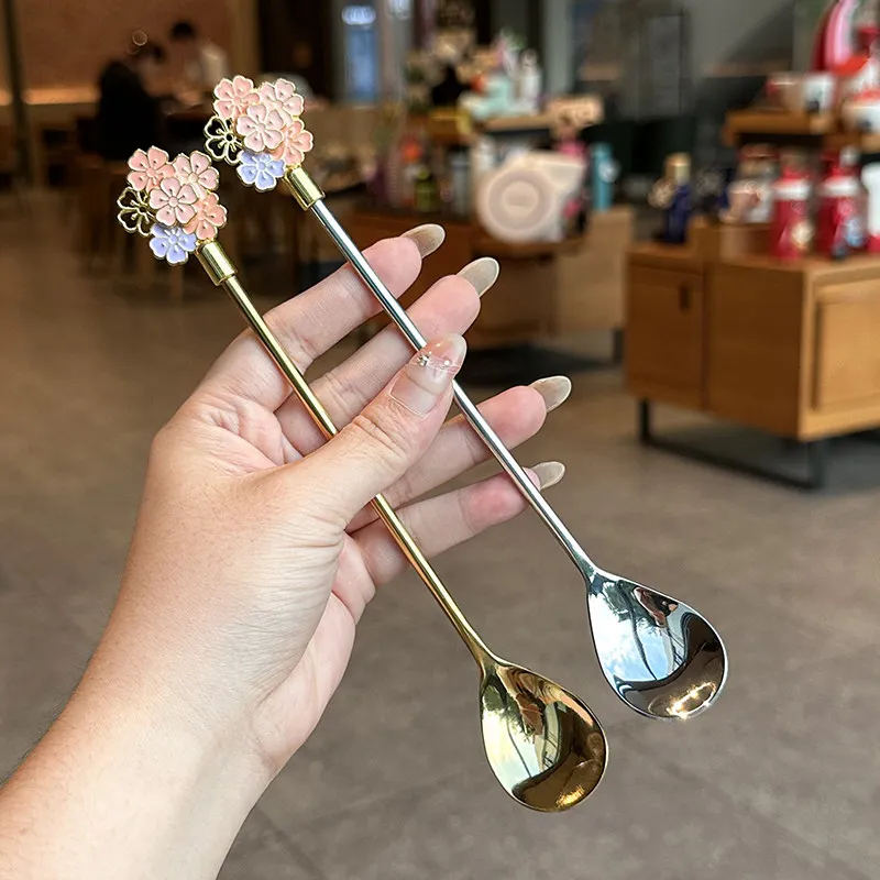 Creative Cherry Blossoms Spoon,Stainless Steel Tableware Coffee Teaspoon,Stirring Stick Dessert Spoons,Long Handle Cake Spoon