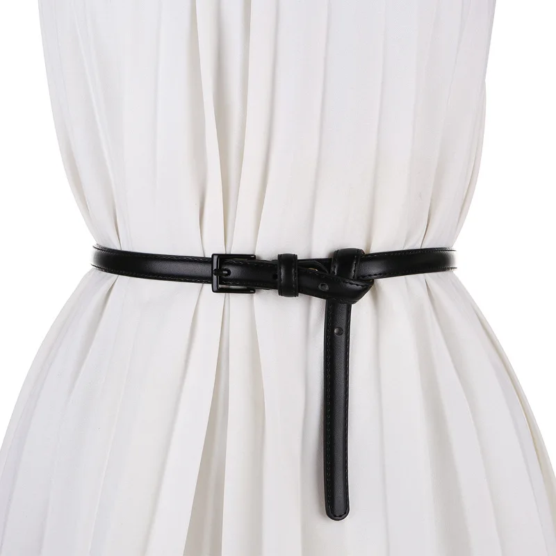 New Korean Version 1.4cm Genuine Leather Narrow Belt Artistic Women's Decorative Dress Black White Red Thin Needle Buckle Belt