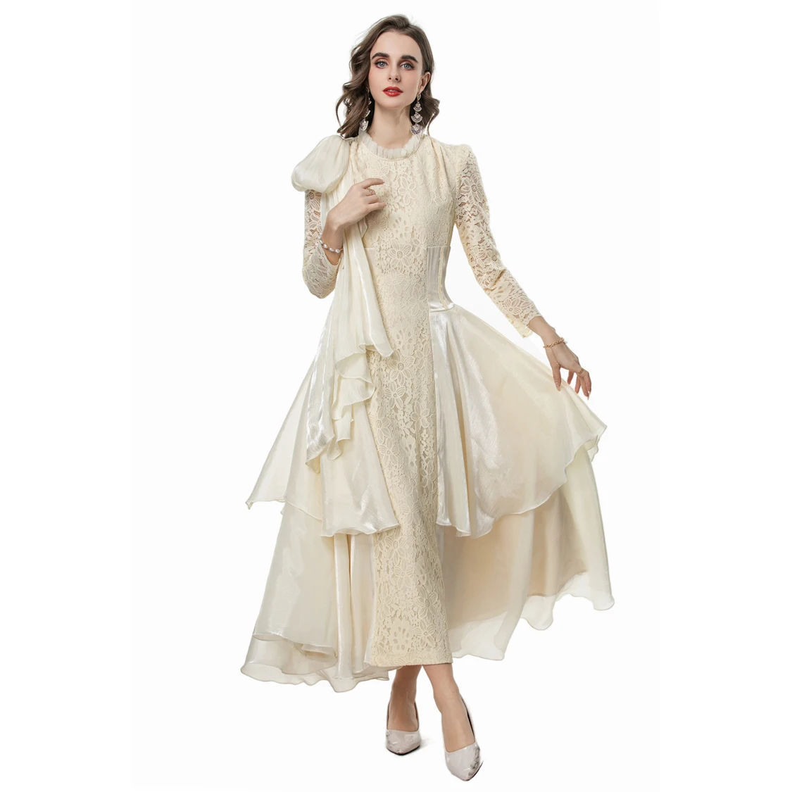 Vestido feminino com babados, gola drapeada, mangas compridas, babados em camadas, elegante, moda, vestido de festa