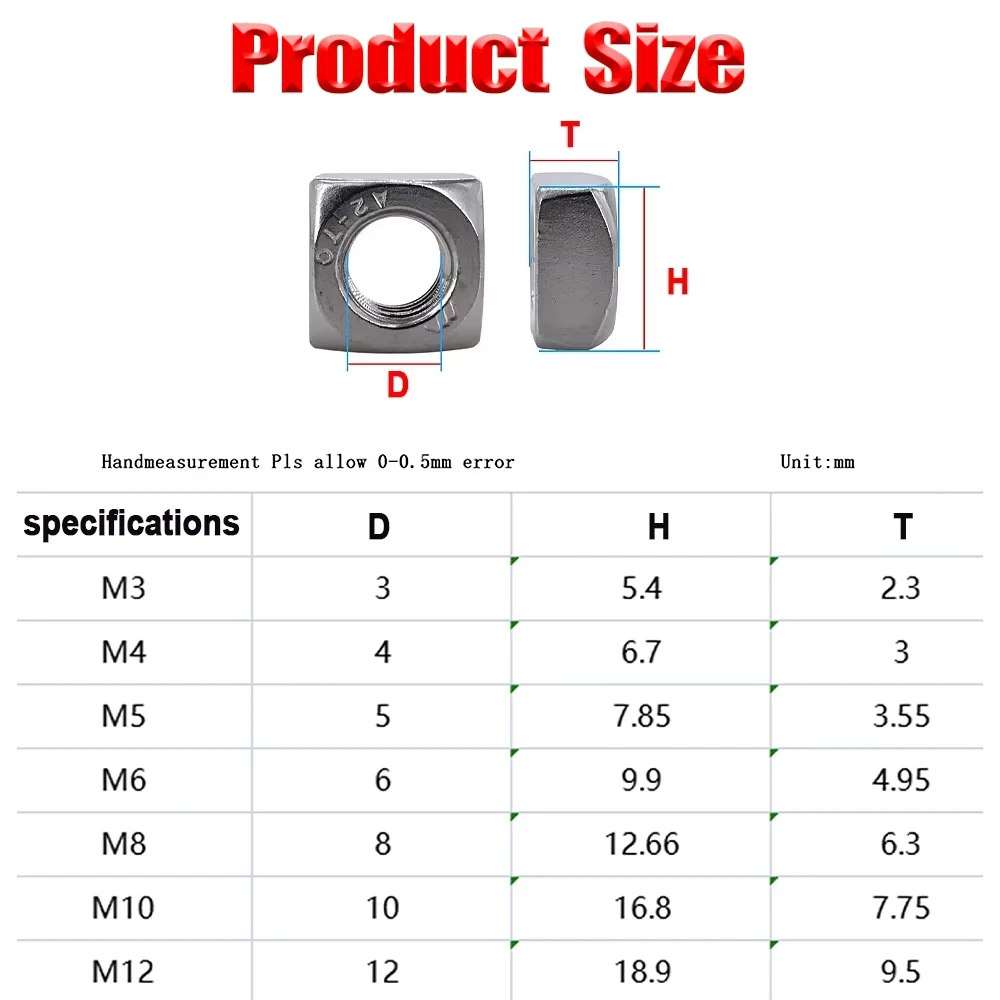 M3 M4 M5 M6 M8 M10 M12 DIN557 A2-70 304 Stainless Steel Square Nuts Threaded Nut Foursquare Quadrate For Furniture High Quality