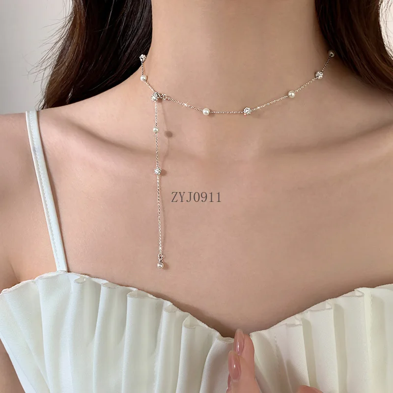 925 スターリングシルバーパールネックチェーンライト高級秋冬ネックレス新しい人気の鎖骨チェーン女性