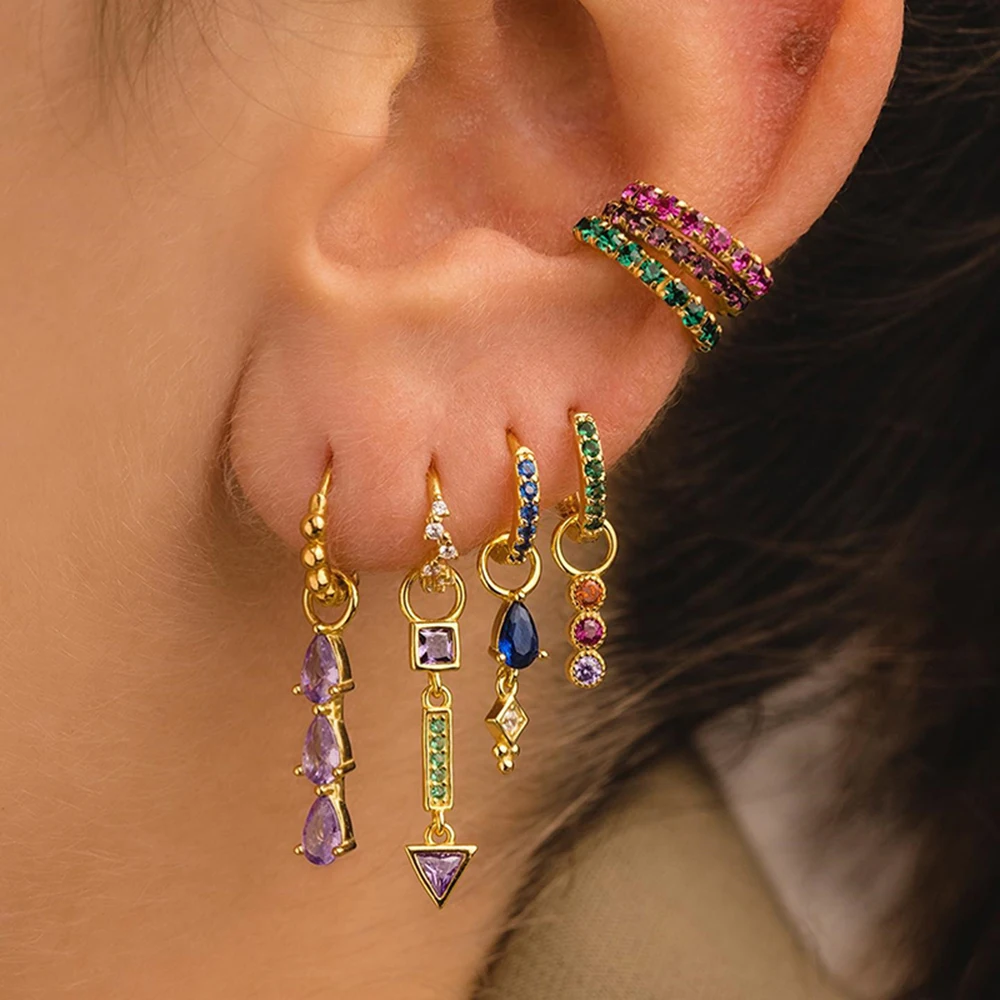 7Pcs Colorful Huggie Earrings Set for Women, Gold Plated Cubic Zirconia Rainbow Gemstone Dangle Charm, Stackable Jewelry