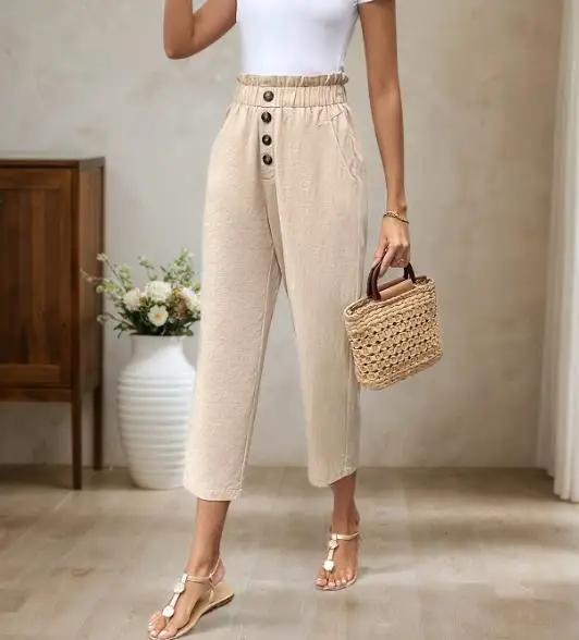 

Slim Fit Women's Pants Summer Ruffle Design Solid Color Simple and Versatile Daily Casual Button Decoration Cropped Pants