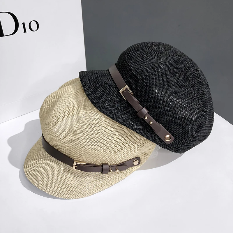 New Hollow Open Octagonal Hat Ladies Summer Travel All-match Sunscreen Cap Shade Straw Hat Japanese British Peaked Beret Womens