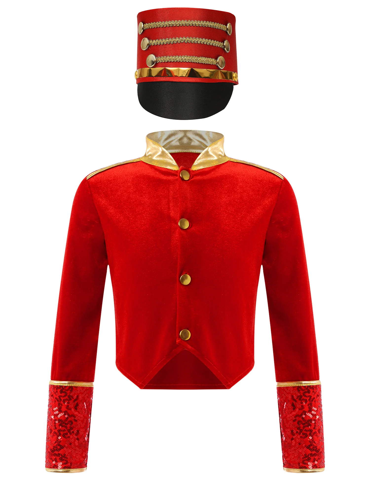 Kids Boys Drum Major Majorette Costume Shiny Sequins Circus Cosplay Costumes Orchestra Coat with Soldier Cap for Halloween