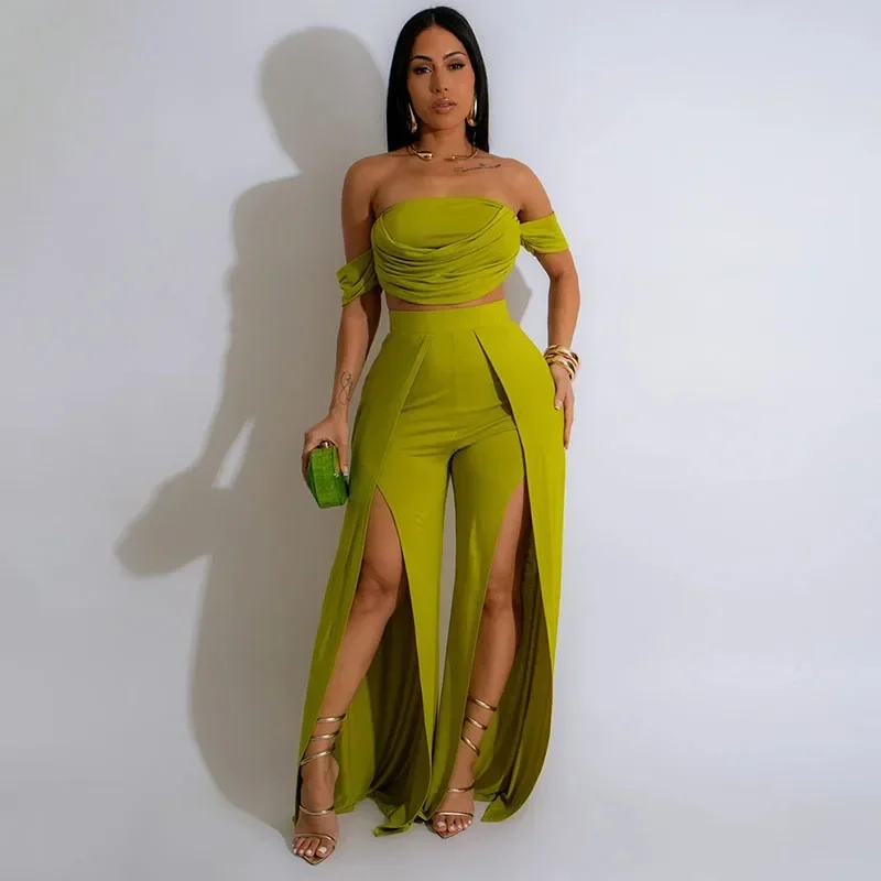 

Elegant Sexy Co Ords Sets for Woman Clothing 2 Pieces Set Rave Outfit Festival Strapless Crop Top and Split Wide Leg Pants Suit