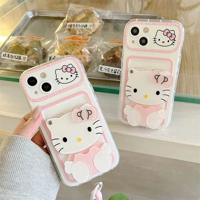 Kawaii Hello Kittys Makeup Mirror Phone Case Applicable To Iphone15Promax Apple 14/13/12 Creativity Mobile Phone Case Girl Gift