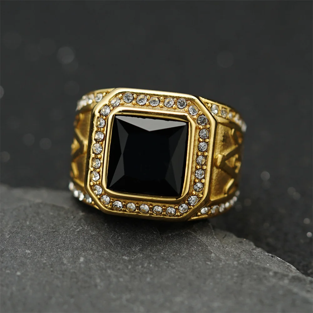 European And American Cross-border Popular Stainless Steel Inlaid Colored Gemstone Freemason AG Vintage Ring, Available In Stock