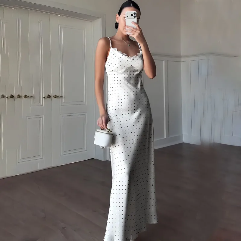 

Talenza White Polka Dot Maxi Dress Women's Sexy V Neck Lace Sleeveless Backless Dress Elegant Summer Party Women's Evening Dress