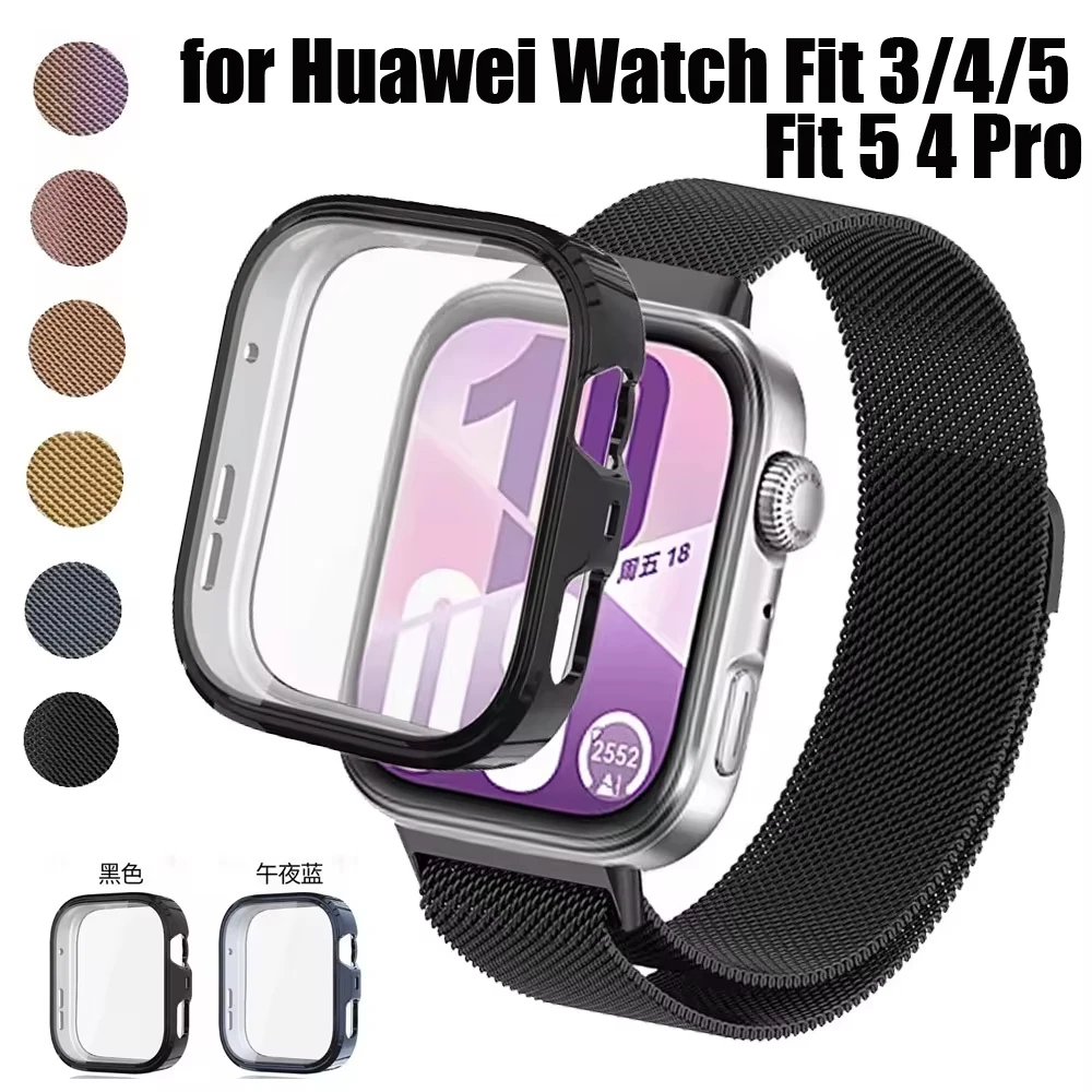 Milanese-Armband + Hülle für Huawei Watch Fit 5/4 Pro, bequemes Armband, Correa für Huawei Watch Fit 5/4/3, Displayschutzfolie, Bumper