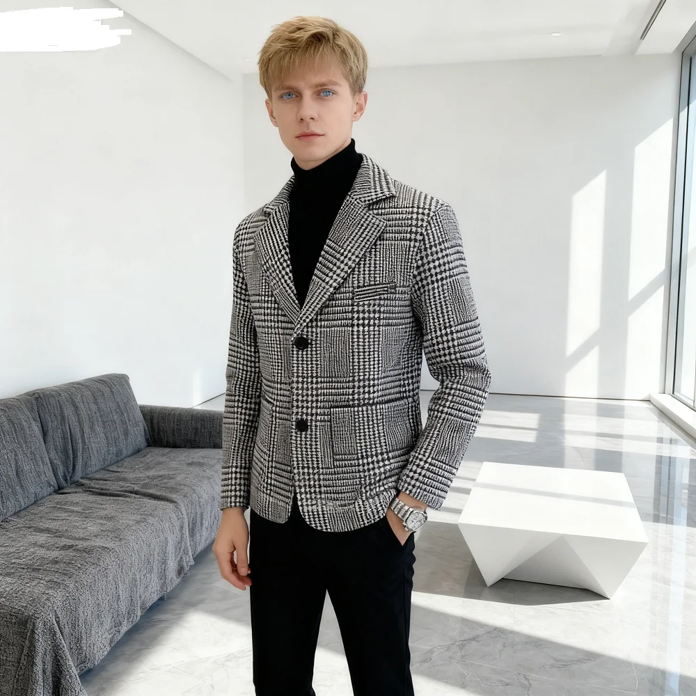 

Men's Houndstooth Wool Jacket Casual Notch Lapel Single Breasted Long Sleeve Cardi Fashionable Male Outerwear