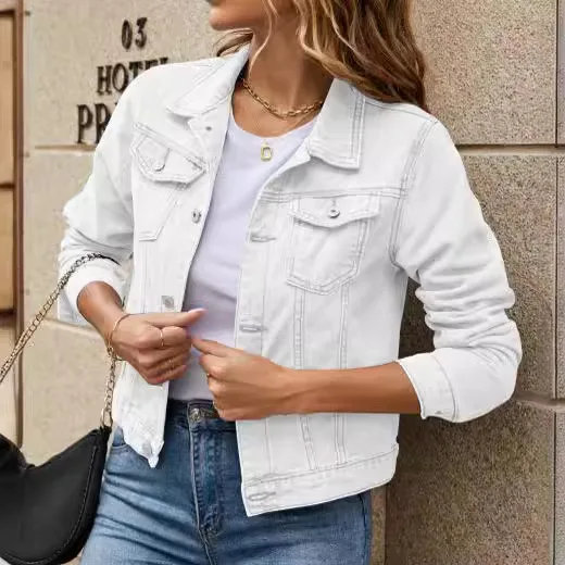 Women's Solid Color Washed Denim Coat Fashion Commuting Style Lapel Long Sleeve Cowboy Coats Female 2026 Spring Autumn New
