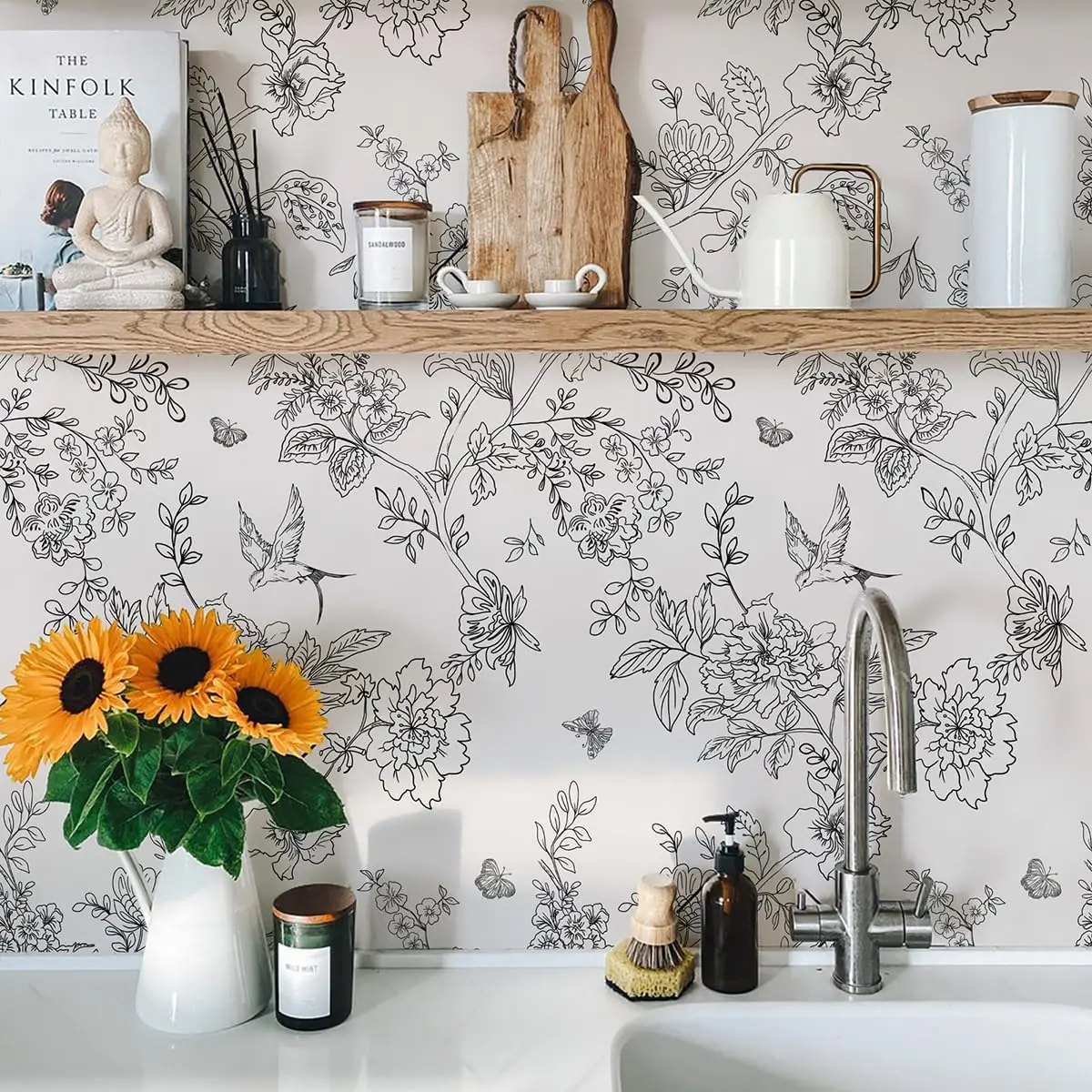 Grey Floral Birds Wallpaper Peel And Stick Leaves Contact Paper Removable Self Adhesive Wallpaper For Cabinets Walls Decorative