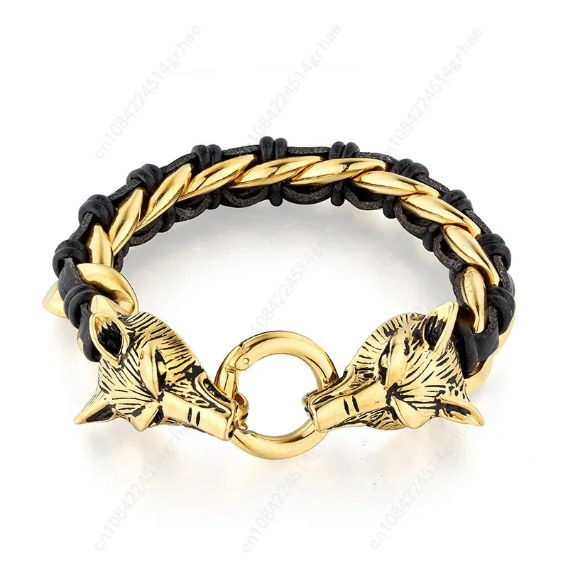 فاسق الصخرة الذهب والفضة اللون رجل مجوهرات 316L الفولاذ المقاوم للصدأ مع جلد طبيعي التفاف سوار الرجال كول مزدوجة الذئب رئيس الحيوان