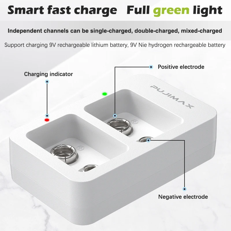 Carregador de bateria rápido inteligente multifuncional com indicadores LED, cabo USB para baterias recarregáveis, 9V, 2 slots, 1pc