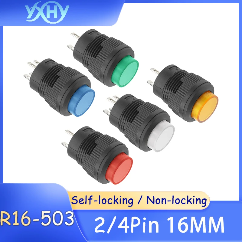10PCS R16-503 No Light/With Light Self-Locking/Self-Resetting Round Power Push Button Switch 2/4 Pins 16MM