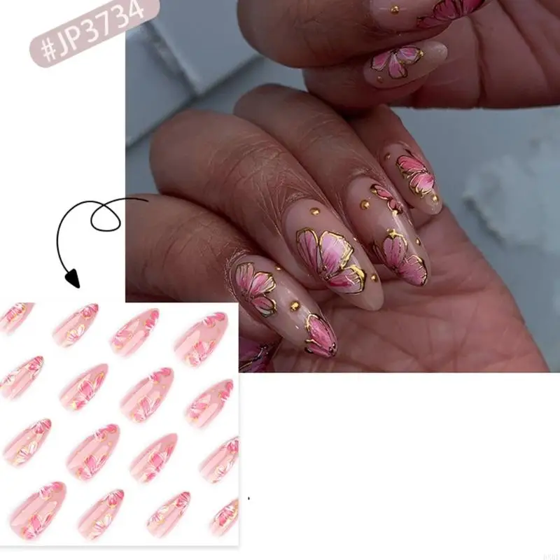 Bx0f 24x Pink Flowers Premere su unghie a mandorle False Unghia artificiale semplice