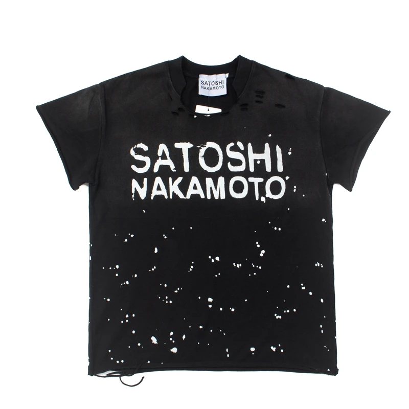 Satoshi Nakamoto T-shirt Long Sleeve Men's Women's Street Ripped Loose Washed Hip Hop Letter Print Tshirts 2 Pieces Wear