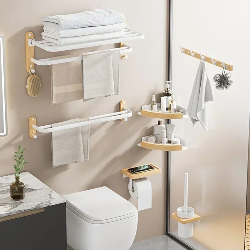 Wooden Beech White Aluminum Fold Bars Towel Rack Double Corner Shelf Toilet Brush Paper Holders Robe Hook Bath Hardware Pendant