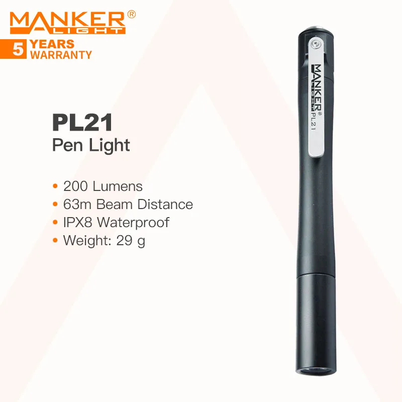 Manker PL21 Penlight/Flashlight, 200 Lumens, Powered by 2pcs AAA Battery, Constant Current Circuit, IPX8 Waterproof,2m Anti-drop