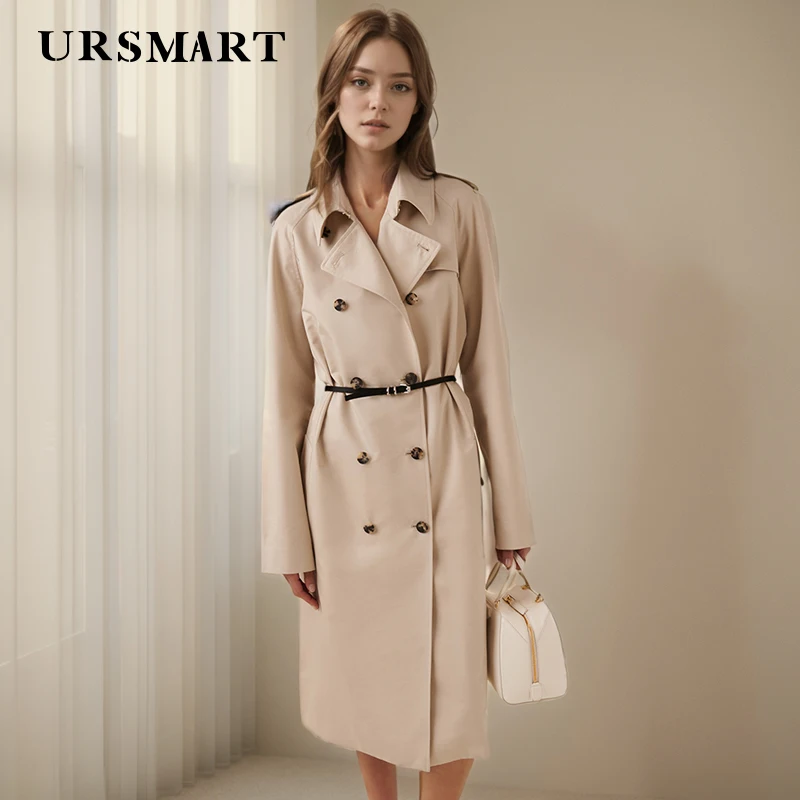 Classic Beige Double-Breasted Women's Trench Coat – Knee-Length Elegant & Fashionable Spring Cotton Windbreaker