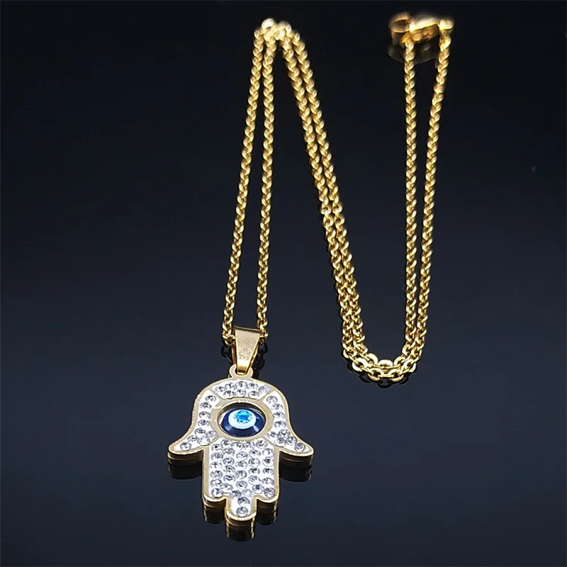 Griechisches Auge Fatima Hand Halskette für Frauen Männer Edelstahl Türkisch Böse Blaue Augenschutz Kette Islamischer Schmuck N8041S01 – Detail 8