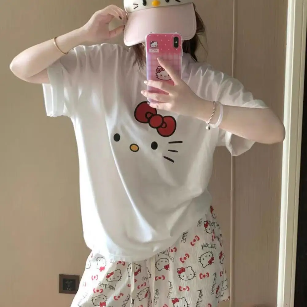 

Простой комплект Sanrio, изысканная пижама с короткими рукавами и принтом «Hello Kitty» для отдыха, свежая милая милая кавайная мультяшная девушка