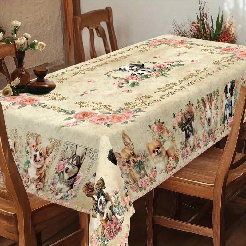 One circular/rectangular dog-pattern tablecloth with embossed edge fabric, featuring spring flower design.