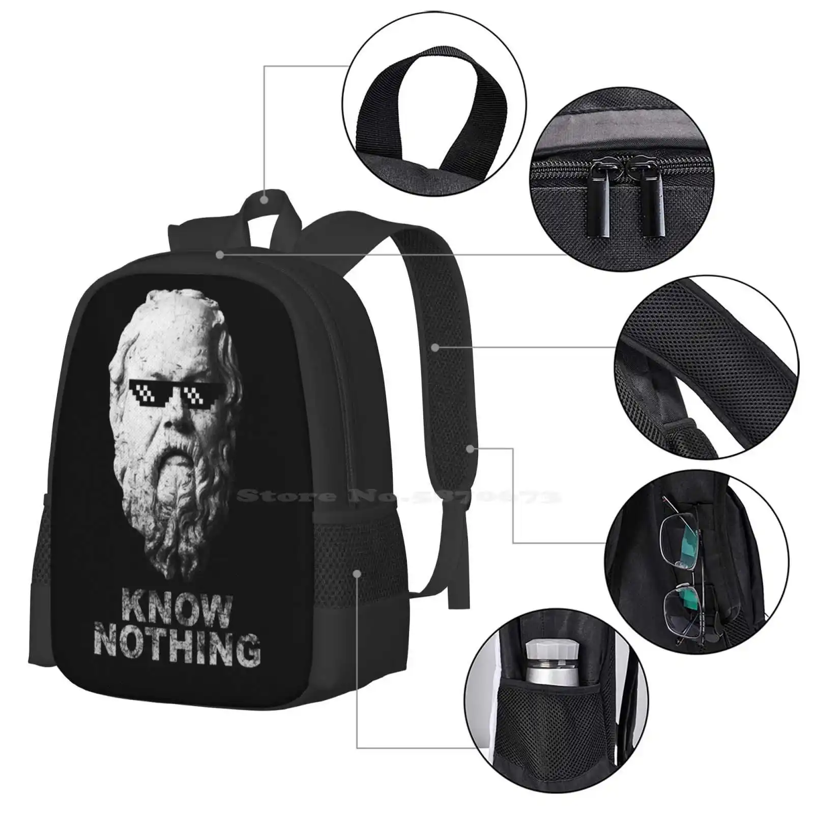 Know Nothing Hot Sale Backpack Fashion Bags Socrates Philosopher Deal With It Smart Skeptic Know Nothing Optimistic Nihilist