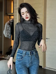 French Sexy Perspective Tees Women Black Bright Sequins Shiny Rhinestone Mesh Tops Basic Wild Bottom T-shirt Female Party Club