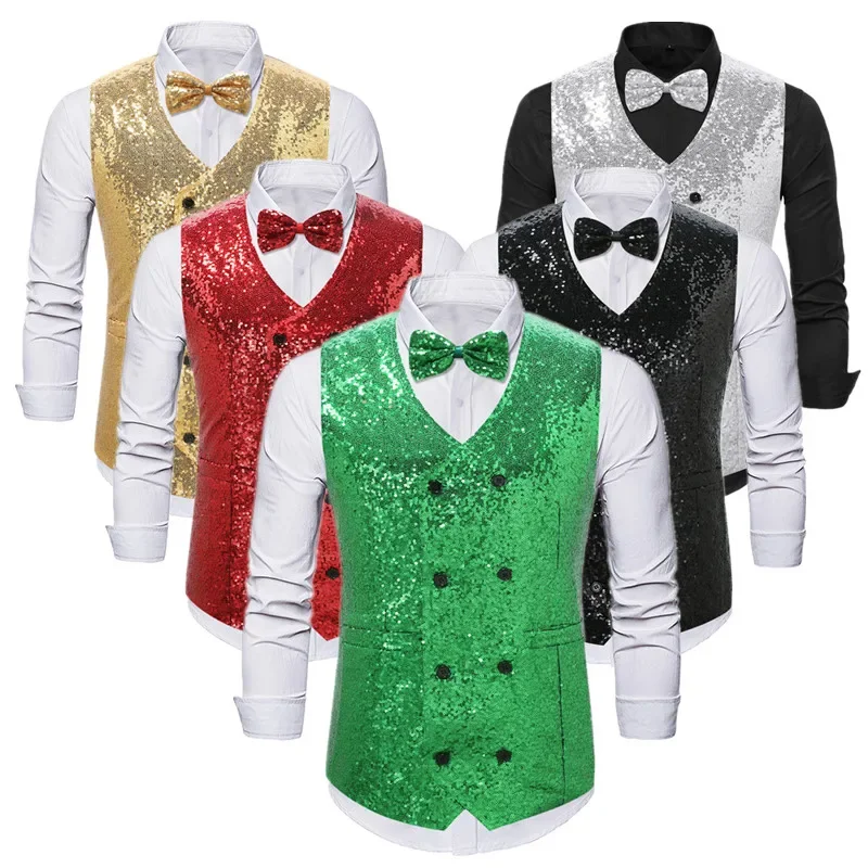 

New Men Double-breasted Sequins Suit Vests Loose Splicing Tops Fashion Singer Stage Performance Luxury Dress Waistcoat