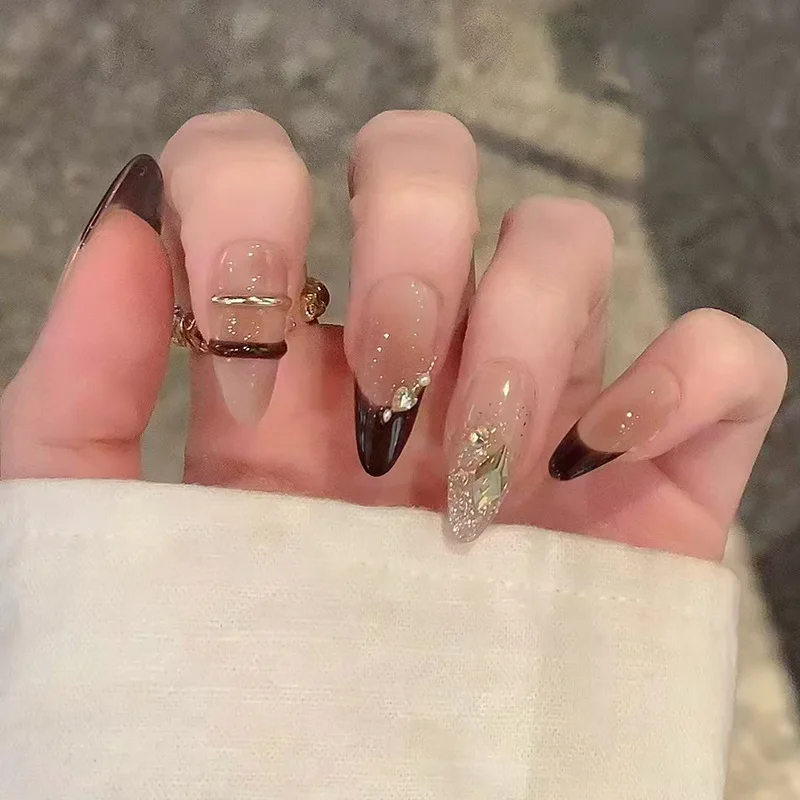 

24Pcs Mid-length Almond Nails Set Press on Shiny Powder Rhinestone False Nail Black French Detachable Full Cover Fake Nails Tips