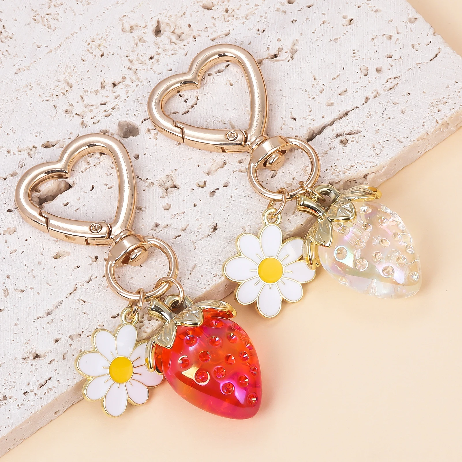 Cute Strawberry Bag Pendant Keychain Kawaii Heart Flower Daisy Key Chain for Women Girs Bag Purse Pendant Accessories Gift