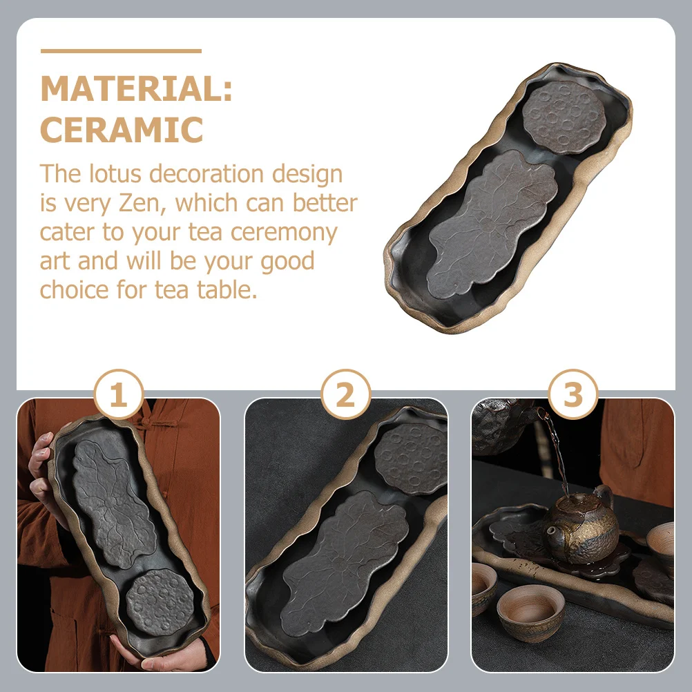 

1Pcs Japanese Style Tea Tray Handmade Ceramic Tea Ceremony Tray with Vivid Lotus Decor for Kung Fu Teaware Collection