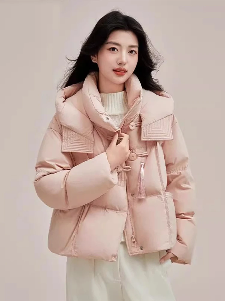 New Chinese Style Loose Fit Hooded Jacket Women's Winter Thickened Cotton Coat Fashionable Short Style Button Trim Fringe