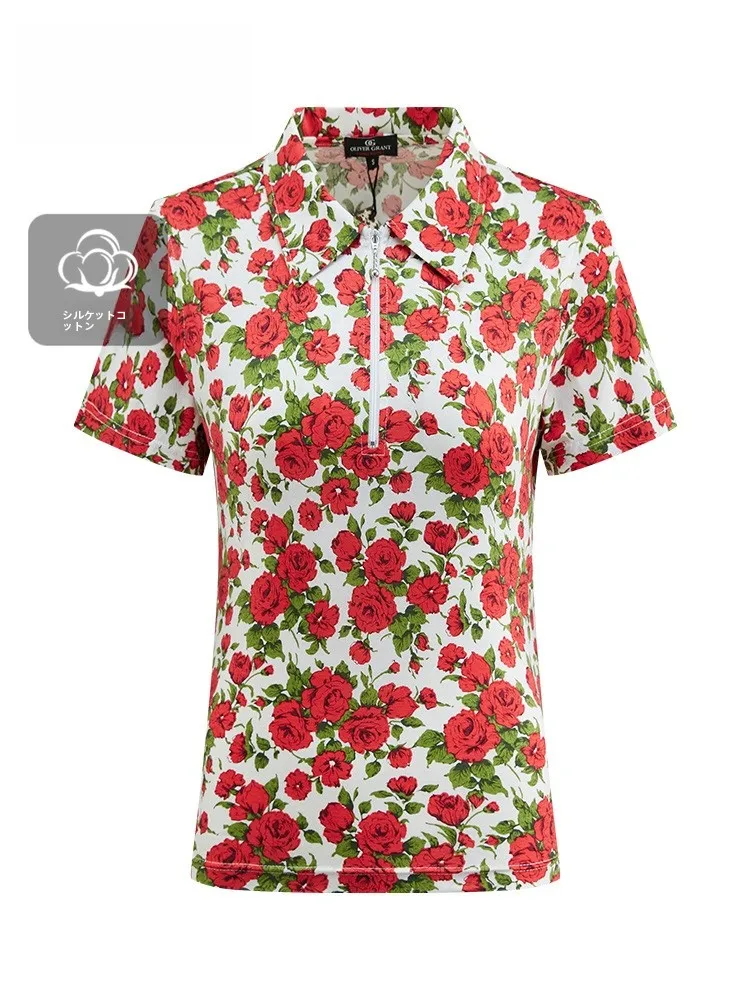 Camiseta Feminina Oliver Grant de Algodão Puro com Zíper, Manga Curta, Estampa Floral Royal Rose, Gola Polo, Estilo Verão para o Dia a Dia, Ajuste Slim