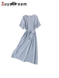 SuyaDream,Women Sashed Dresses, 26mm 93%Real Silk 7%Spandex, Crew Neck, Solid Mid Dress,  2024 Spring Summer Clothes