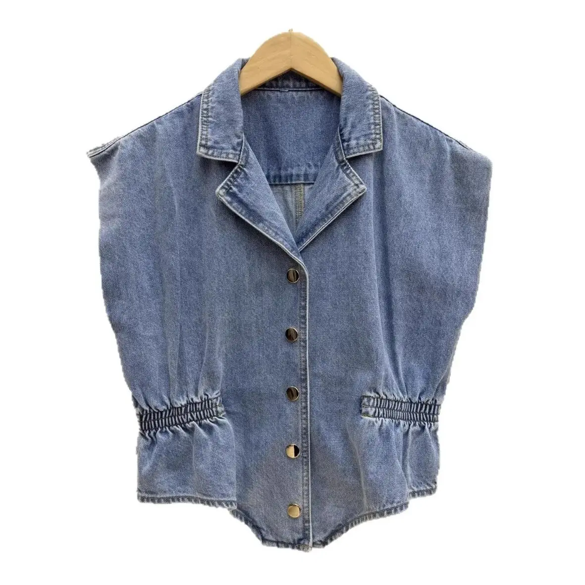 

Весенне-летний женский джинсовый жилет с отложным воротником, металлической пряжкой, эластичным поясом, без рукавов, однобортный, элегантный, повседневный