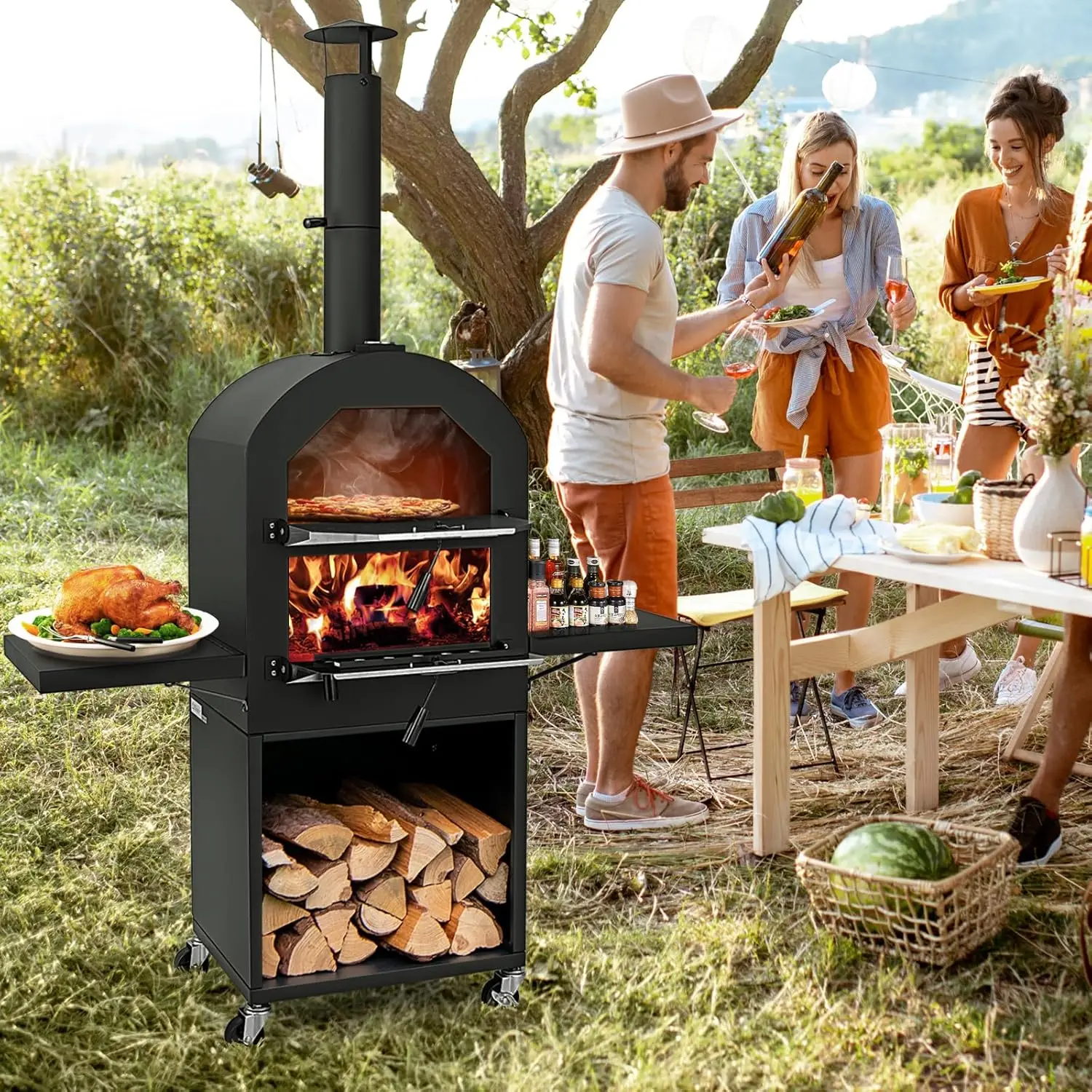 Pizza Oven Outdoor - Wood Fired Oven with 2 Side Tables, Pizza Stone, Peel, Cover, Cooking Grids, Maker on