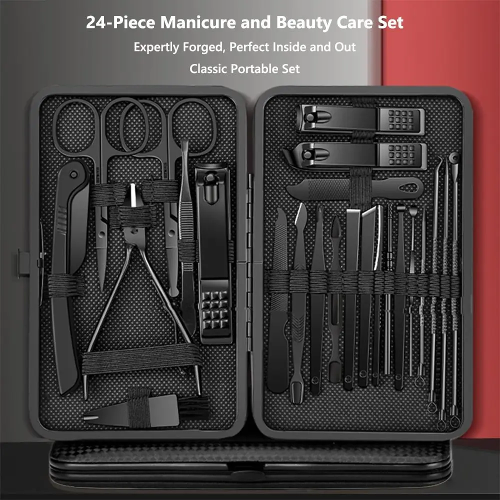Conjunto de cortador de unhas preto portátil, 24 peças, com caixa de viagem, ferramentas de beleza, aço inoxidável, pedicure, manicure, kit para cuidados com as unhas