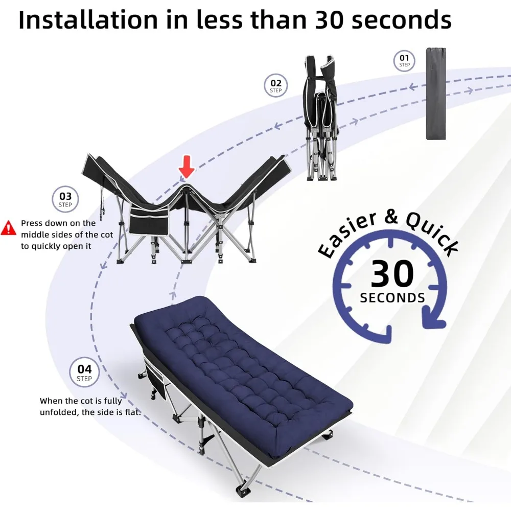 Lit de camping portable avec matelas optique, lit de couchage pour adulte, lit pliant, charge maximale 600lb, très large, 28 po