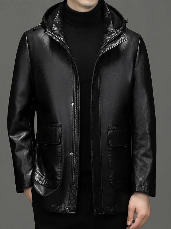 

Мужская зимняя теплая куртка средней длины из натуральной кожи с отстегивающимся пуховым утеплителем, с капюшоном, модная, городская, деловая, повседневная