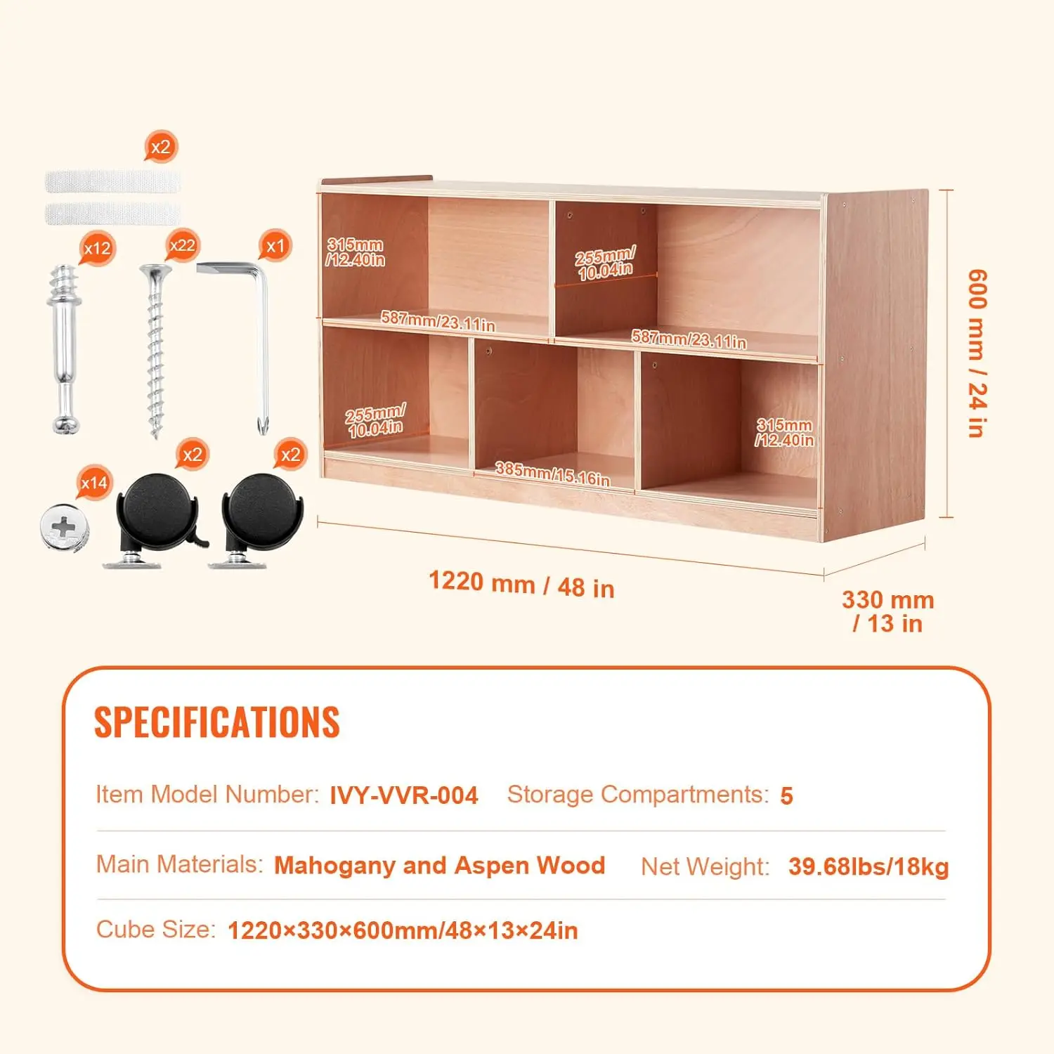 Cubby Toy Organizer opbergkast, 5 compartimenten Cubby opbergplank, 48''W kinderspeelgoed opbergkast 2 planken, klaslokaal Cubbie