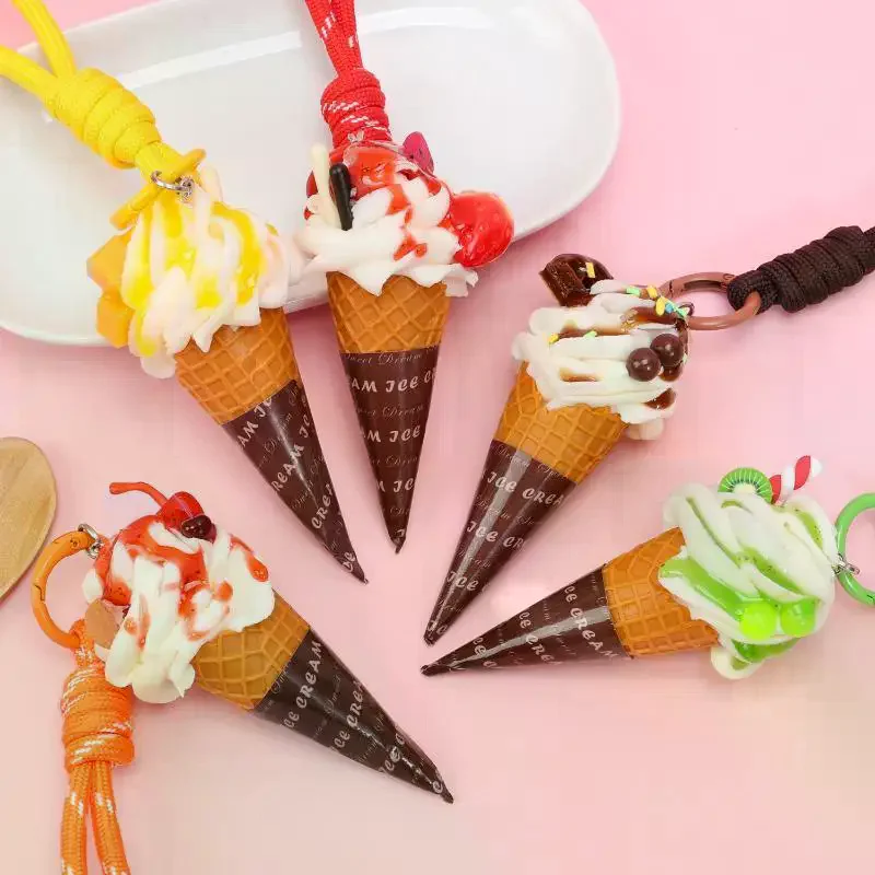 Simulation Ice Cream Cone Keychain Braided Lanyard Realistic Design Backpack Pendant Gift For Girls