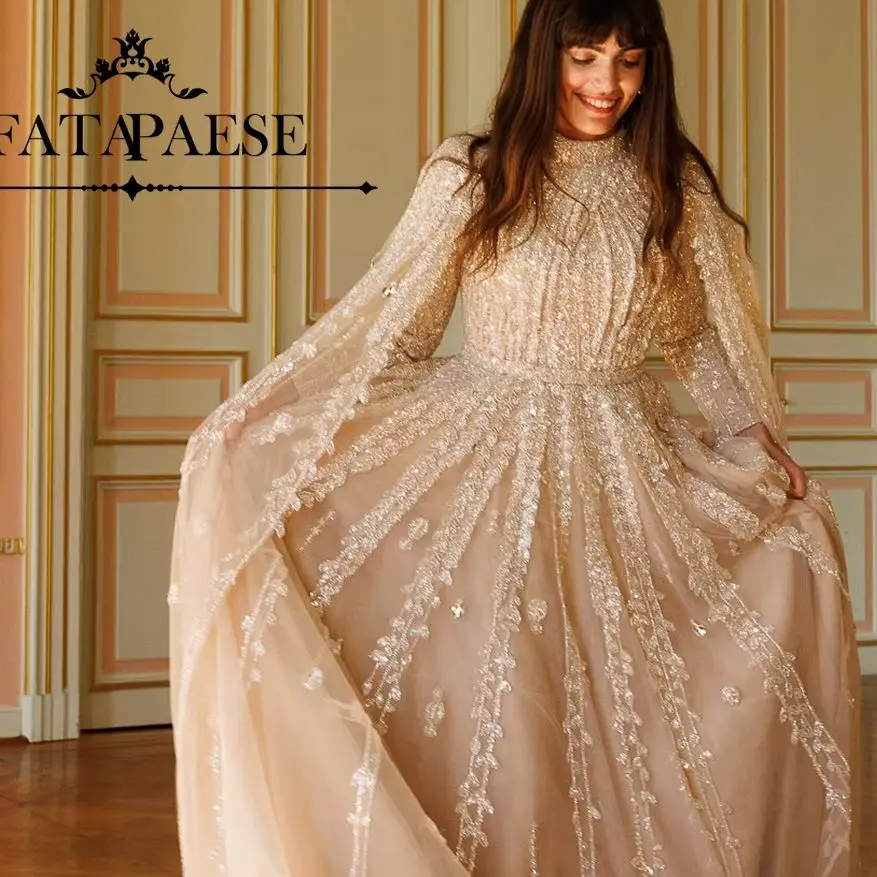 

FATAPAESE Customized Luxury Evening Gown Cape Sleeve Beaded Suquins Full Over Maxi A-line Formal Occision Dresses Prom Party